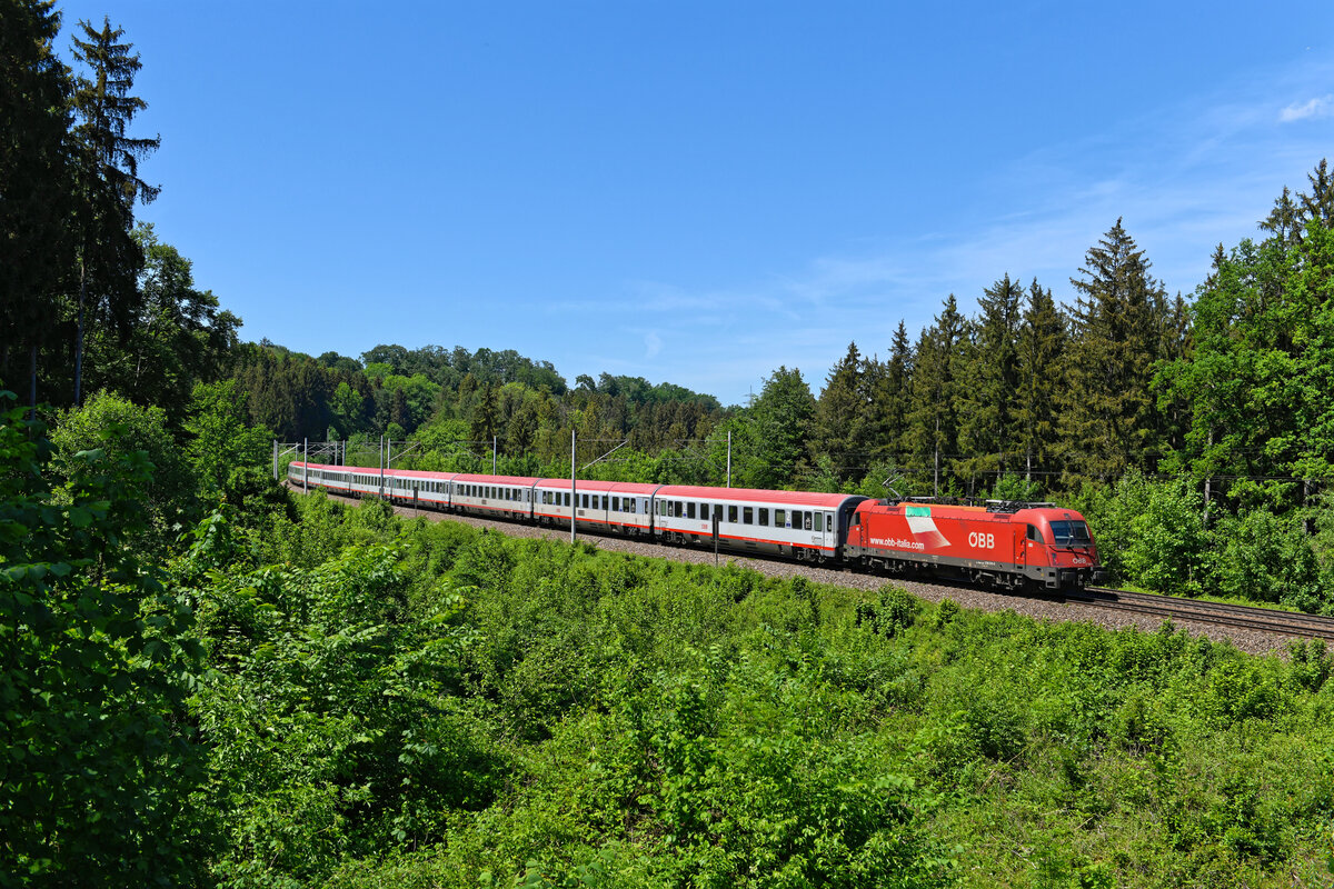 Die letzte verbleibende  Flaggen-Lok  ist die 1216.015. Alle anderen dieses Design tragenden Schwestern haben es im Rahmen einer Revision inzwischen verloren. Am 22. Mai 2022 beförderte sie den EC 89 nach Bologna Centrale. Im Waldstück zwischen Grafing und Aßling gelang mir eine Aufnahme. 