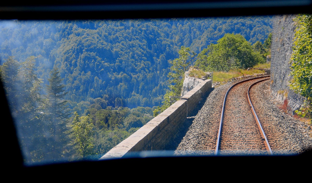 Die Ligne des Hirondelles beginnt ihren Aufstieg in die einsame Waldlandschaft des Jura-Gebirges nach Verlassen der Station Champagnole. Auffallend sind die sehr kurzen Schienen. Aufnahme durch die verglaste Führerstandrückwand des Triebwagens 73745, 30.Juni 2015.  