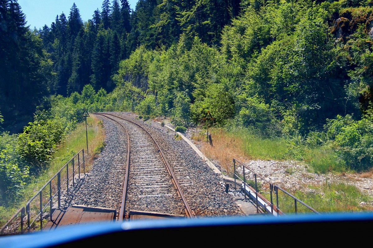 Die Ligne des Hirondelles erreicht bei etwa 948 Metern Höhe ihren höchsten Punkt im Jura am Col de la Savine. Danach geht es ganz steil abwärts, wie im Bild zu sehen. 30.Juni 2015. Durch das verglaste Führerstandrückfenster. 