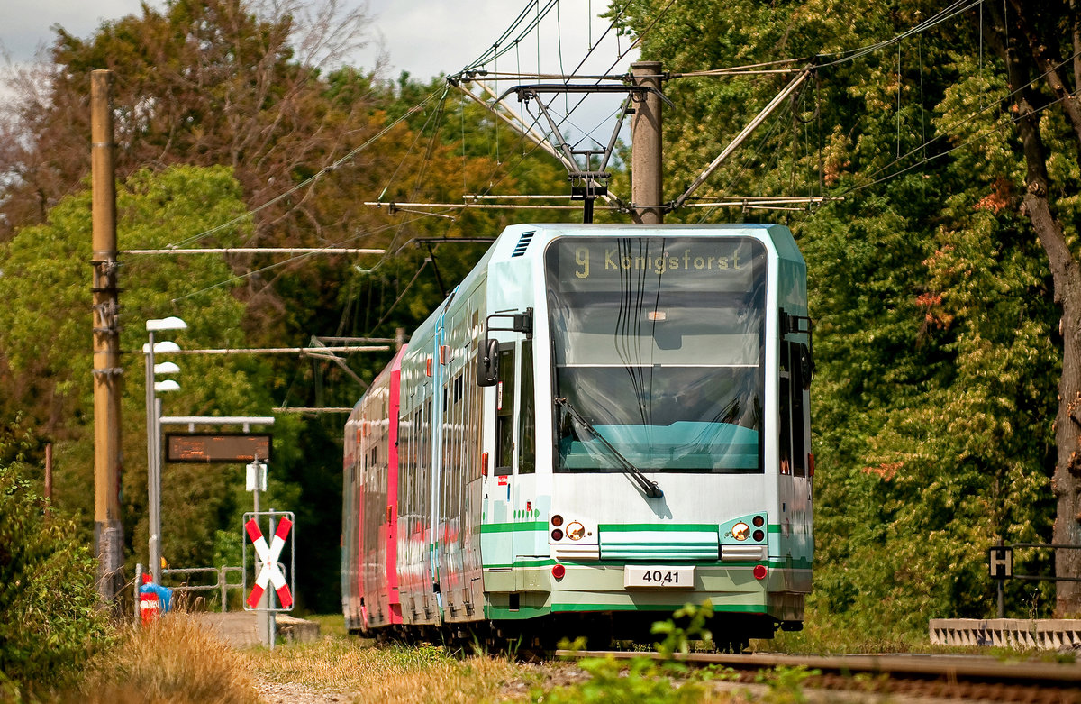 Die Linie 9 der KVB mit der Wagennummer 4041 auf dem Weg nach Königsforst. Aufgenommen an der KVB Haltestelle Steinweg am 31.7.2019.