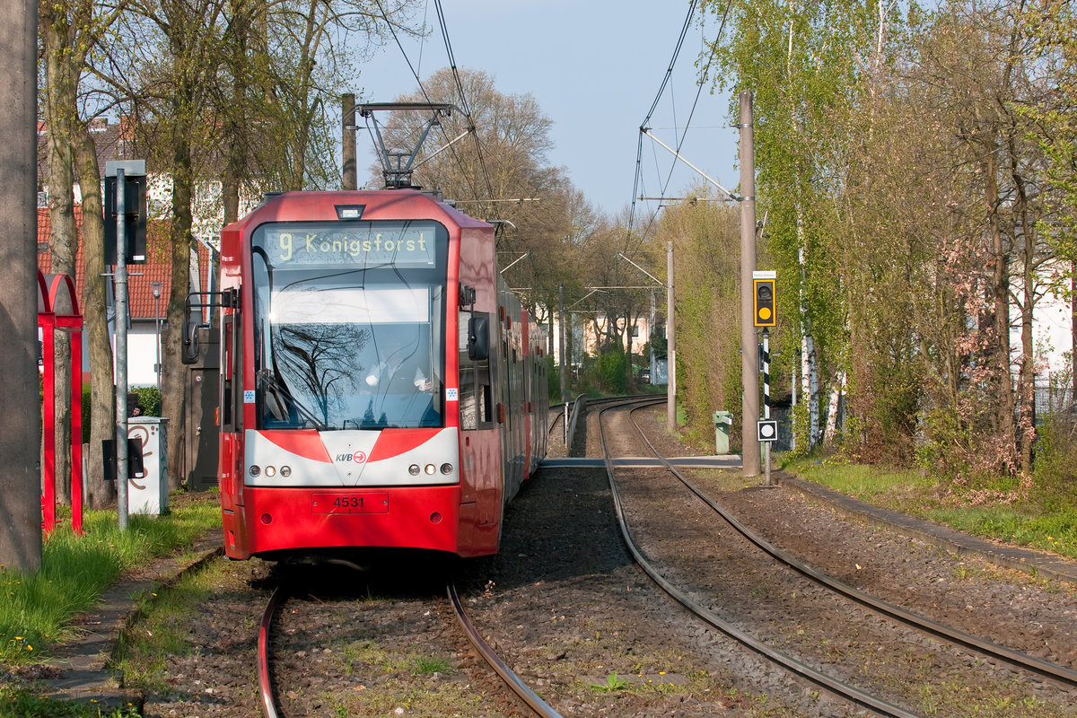 Die Linie 9 mit der Wagennummer 4531 auf dem Weg nach Königsforst. Aufgenommen am 15.4.2019 an der KVB-Haltestelle Rath/Heumar.