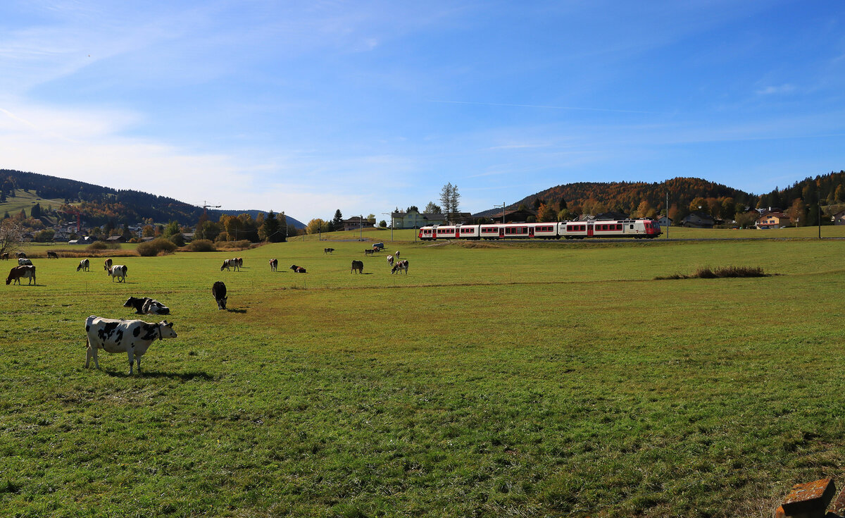 Die Linie durch die Vallée de Joux im Jura Gebirge: TRAVYS-Zug mit NPZ Triebwagen 560 384 im Hochplateau der Vallée de Joux bei Chez-le-Maître, 19.Oktober 2021 