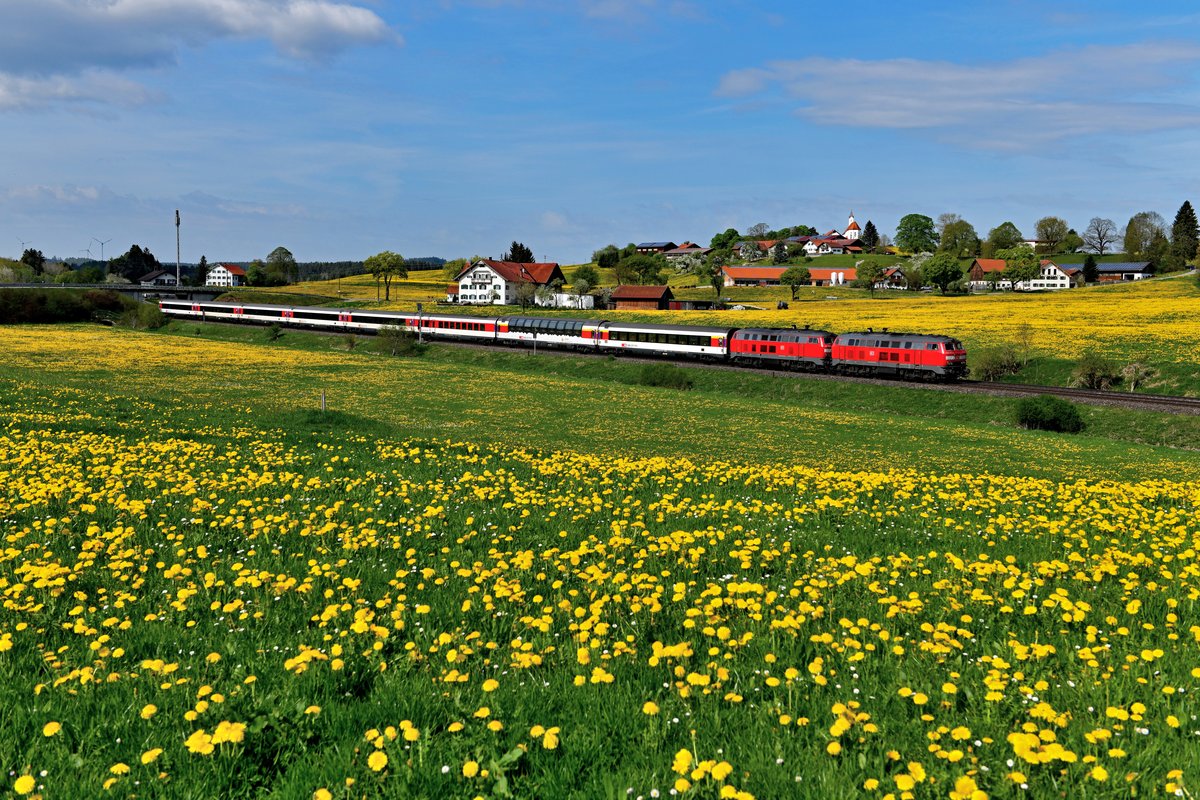 Die Löwenzahnblüte zeigt sich speziell in der Gegend um Aitrang in einer besonderen Ausprägung. Am 25. April 2018 war sie auf ihrem diesjährigen Höhepunkt angelangt und erfreulicherweise spielte auch das Wetter halbwegs mit. So waren 218 423 und 428 mit ihrem EC 191 nach München HBF - der baustellenbedingt den Weg über Kempten nahm - gut mit dem gelben Blütenmeer und dem kleinen Ort Görwangs umzusetzen. 