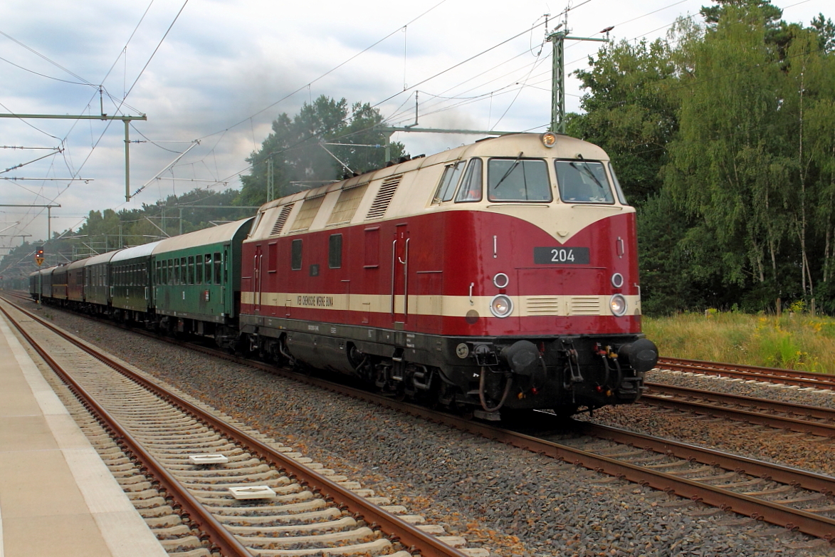 Die Lok 204 des VEB Chemische Werke Buna (NVR-Nummer: 92 80 1228 501-3 D-WFL) mit dem historischen Schnellzug der DLFB auf dem Weg von Berlin-Schöneweide zur Hanse-Sail nach Warnemünde am 11.08.2018 in Nassenheide.