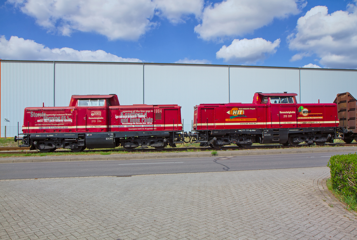 Die Loks „Marion  und „Diana“ der Rennsteigbahn haben Wagen zur Holzverladung auf der Torgelower Ladestrasse bereitgestellt. - 29.04.2015