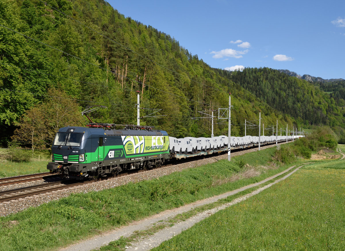 Die von LTE angemietete ELL 193 729 war am Nachmittag des 02. Mai 2019 als Zug 48948 mit fabriksneuen Mercedes G-Klassen gen Norden unterwegs, und wurde von mir bei Pernegg fotografiert.