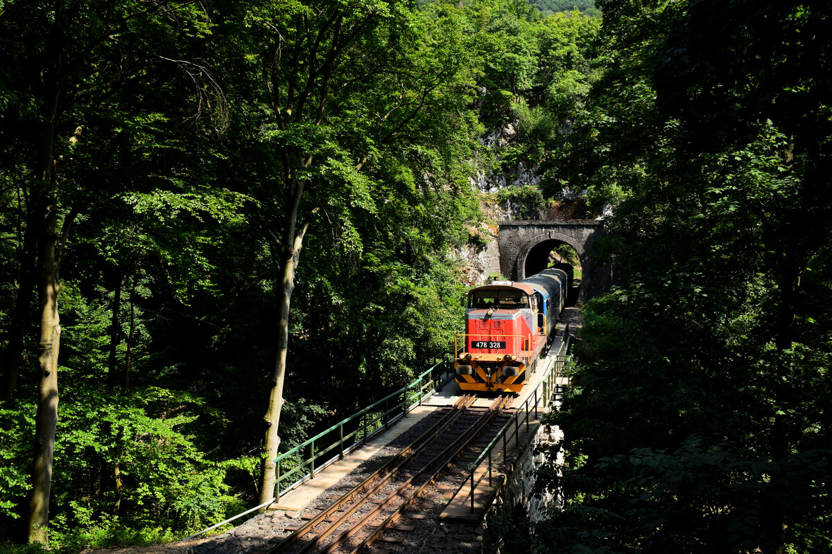 Die MÁV Verschubloks 478-er (ex. M47 1200 und 1300) arbeiten vor Personenzüge auf der Strecke zwischen Győr und Veszprém. Das Bild zeigt die 478 328 mit dem Nachmittagzug zwischen Porva-Csesznek und Vinye im Cuha-Schlucht. 
24.07.2021.