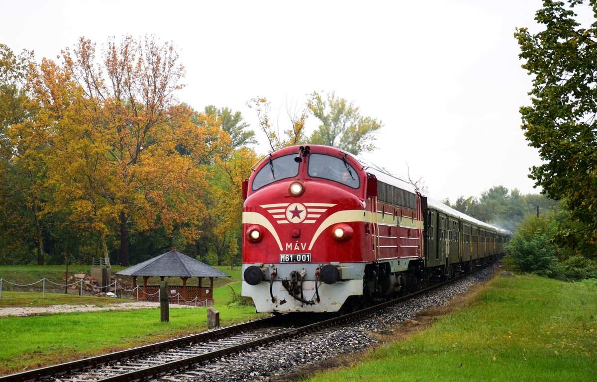 Die M61 001 mit einem Nostalgie-Sonderzug kurz nach Dunaalmás (KBS 4). Die Reise war von und nach Budapest, das war eine Rundreise via KBS 4 und 5 Nebenbahnen.
Das war eine herbstliche Regenwetter am Vormittag.
17.10.2020.