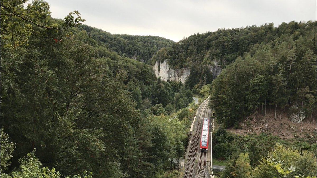 Die Mittelfrankenbahn fährt mit ihren 1648 Regionalbahnen durch das wunderschöne Pegnitztal zwischen Pegnitz und Rupprechtstegen. Aufgenommen bei Lungsdorf am 22.9.2019