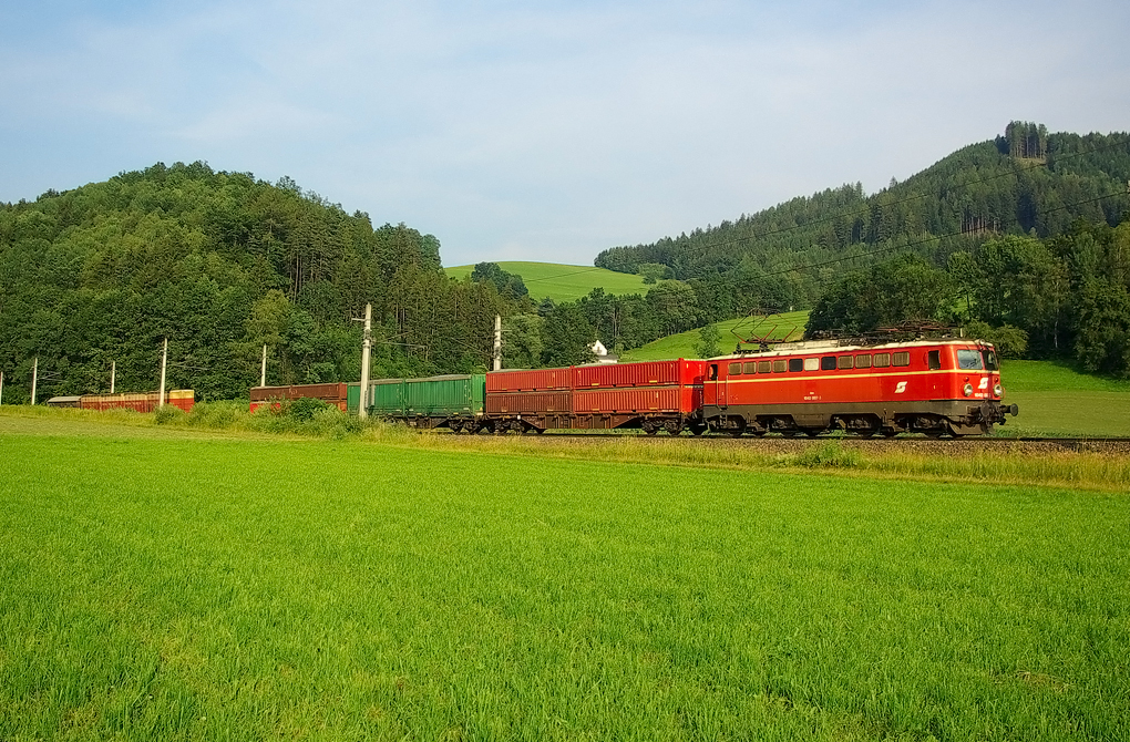 Die mittlerweile in Sursee (CH) eine Renaissance erlebende 1042 007 war am 02.07.2010 noch mit einem Scherenstromabnehmer ausgerüstet und mit einem gemischten Güterzug von Bruck an der Mur in Fahrtrichtung St. Michael unterwegs. 