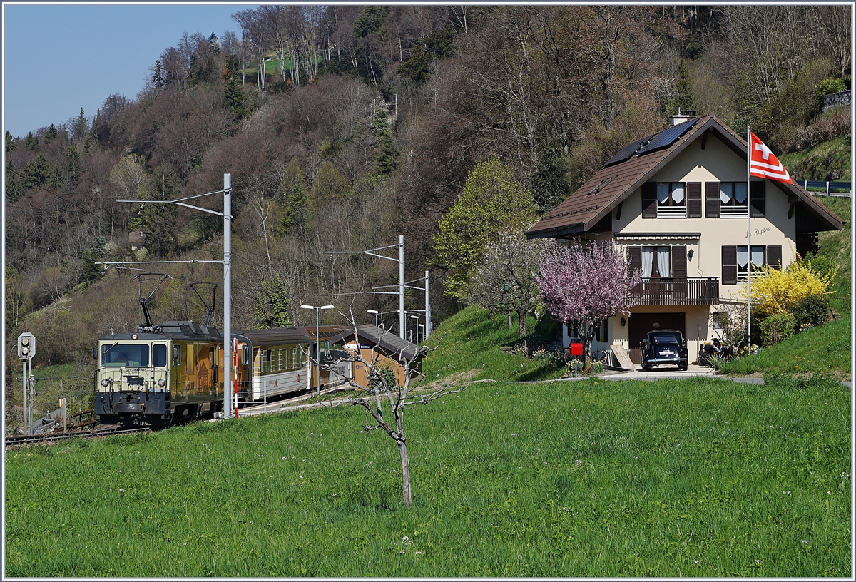 Die MOB GDe 4/4 6003 fährt mit einem GoldenPass Panoramic bei der Haltestelle von Sonzier durch.

3. April 2017