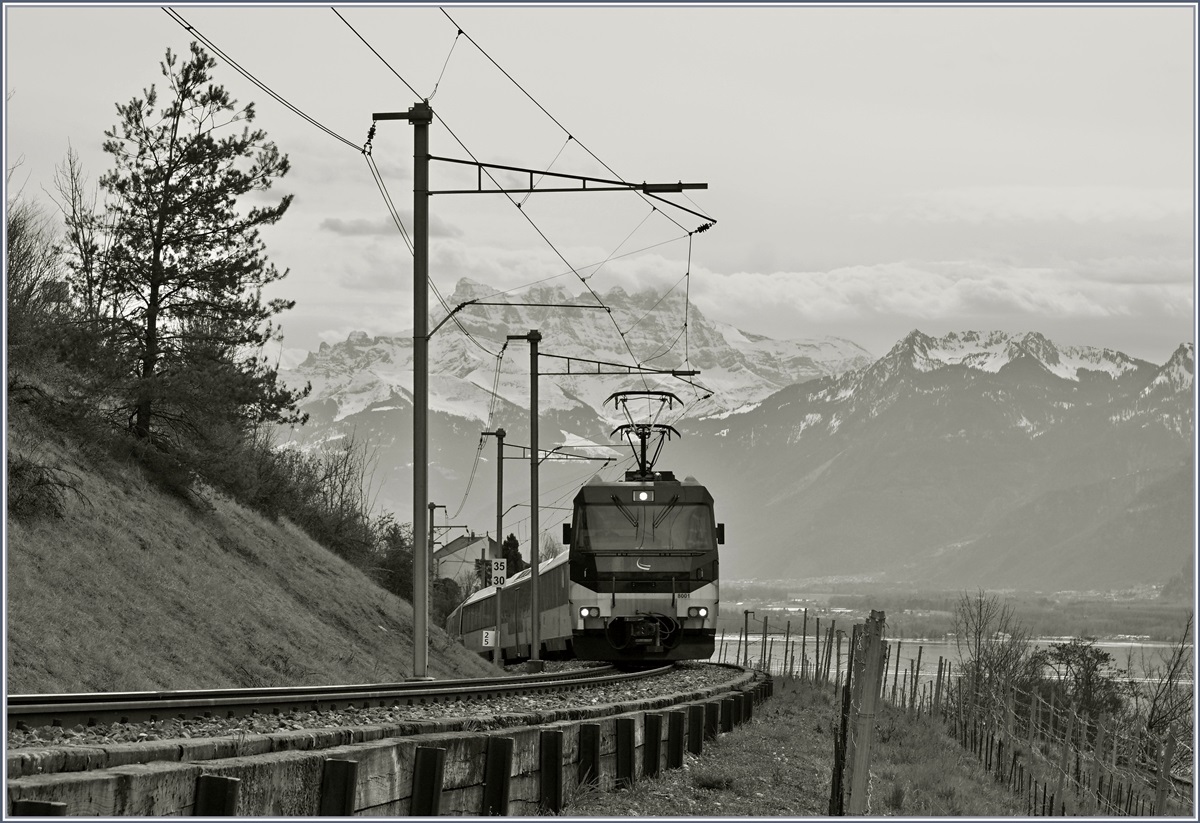 Die MOB Ge 4/4 8001 erreicht auf ihrer Fahrt mit dem Regionalzug 2224 von Montreux nach Zweisimmen in Kürze Planchamp. Im Hintergrund sind die Dents de Midi zu sehen., 

12. März 2020
