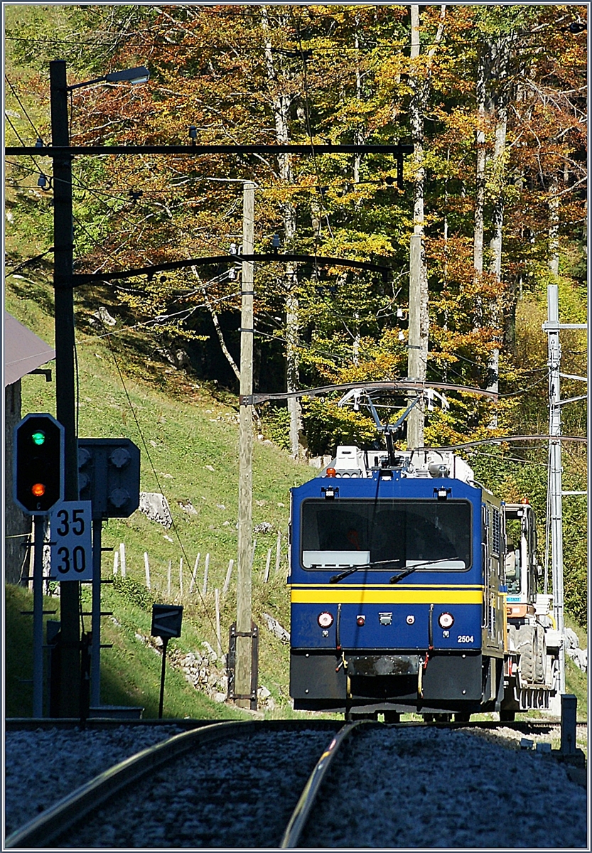 Die MOB Gem 2/2 2504 mit einem Bauzug auf der Fahrt Richtung Montbovon beim Verlassen der Station Les Cases.
11. Okt. 2017