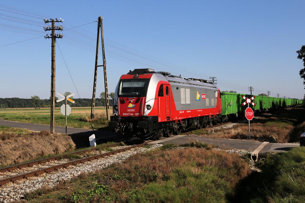 Die moderne Zweikraftlokomotive Natrix E6ACTas-026 quält sich hier am 9.9.2021 um 15.58 Uhr mit einem schweren Kohlezug am Ortsrand von Jawor in Richtung Liegnitz.