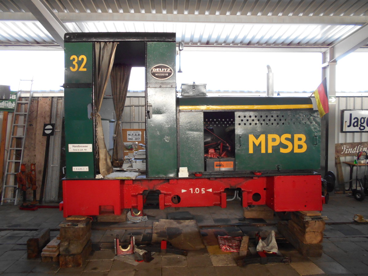 Die MPSB Lok Nr.32 stand,am 18.August 2018,aufgebockt im Lokschuppen von Schwichtenberg.Der Lokschuppen darf Besichtigt werden.