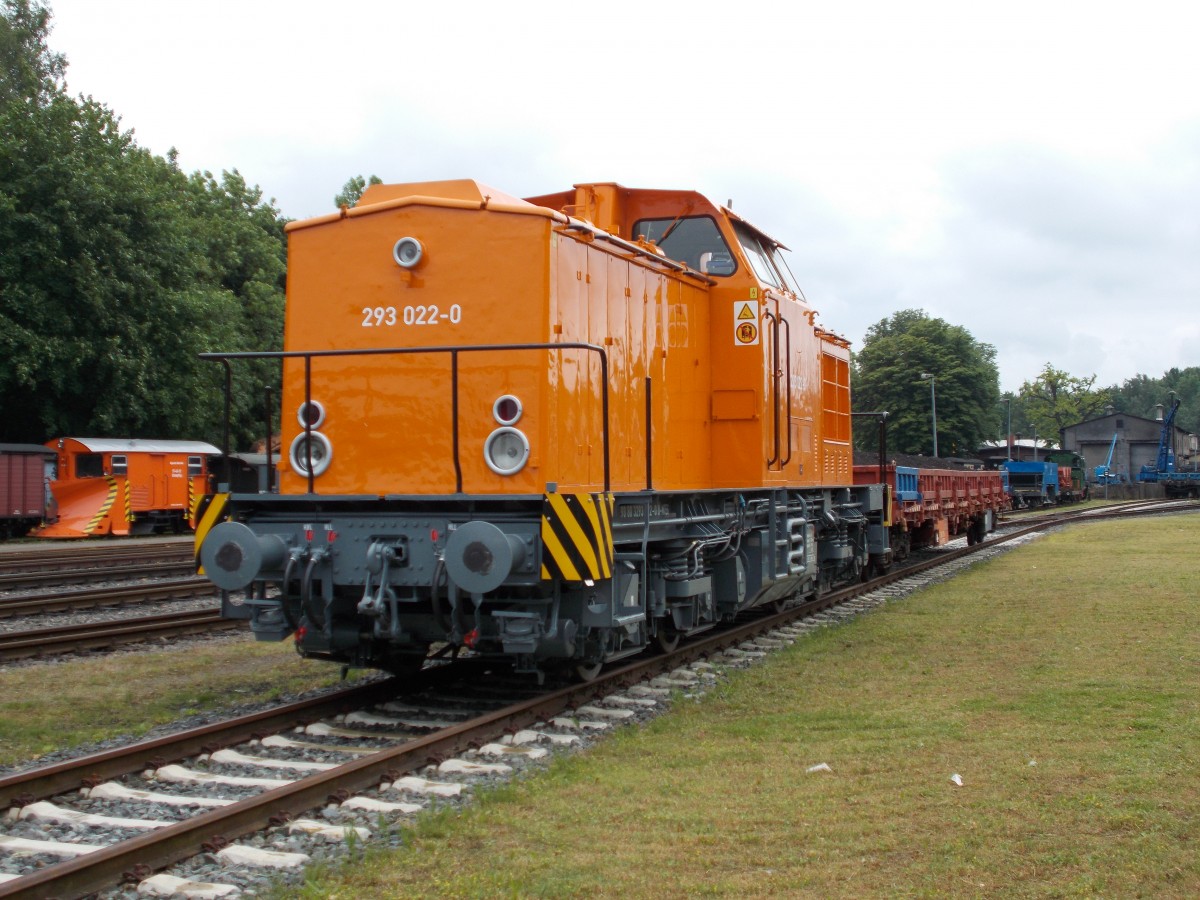 Die MTEG 293 022 stand mit einem Niederbordwagen,am 05.Juni 2014,in Putbus.