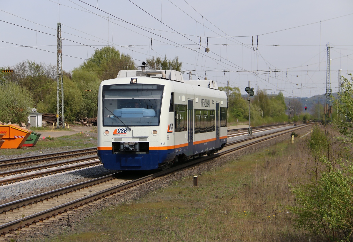 Die nächste Überraschung kam in Form eines Triebzuges der BR 650, genauer der 517 der Ortenau S-Bahn in Richtung Süden. Aufgenommen am 17.04.2014 in Eichenberg.