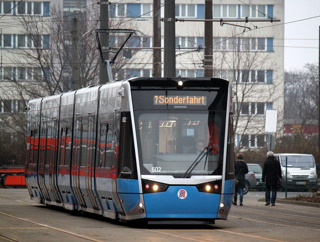 Die neue Hightech-Straenbahn vom Typ Vossloh 6N2 fr Rostock stand am 04.03.2014 als Sonderfahrt auf dem Gelnde der Rostocker Straenbahn AG  