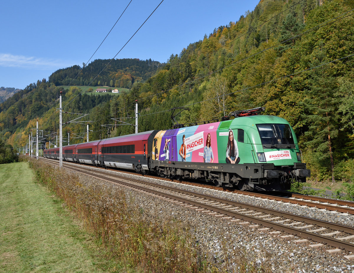 Die neue ÖBB-Werbelok 1116 168  #NASICHER war gestern den 15.10.2019 mit RJ 559 nach Graz unterwegs, und wurde von mir in Pernegg an der Südbahn fotografiert.