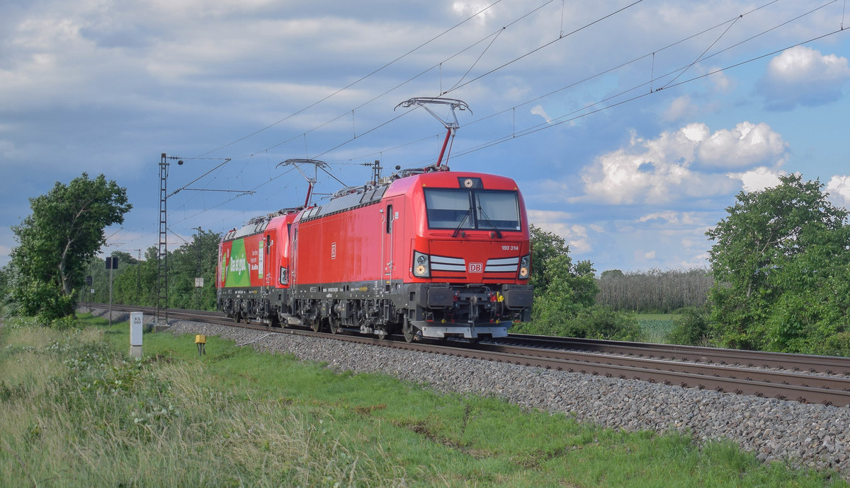 Die neuen 193 314 + 193 312  Das ist Grün  am Nachmittag des 01.06.2018 bei Buggingen unterwegs als T 67927 von Mannheim Rbf nach Basel Bad Rbf.