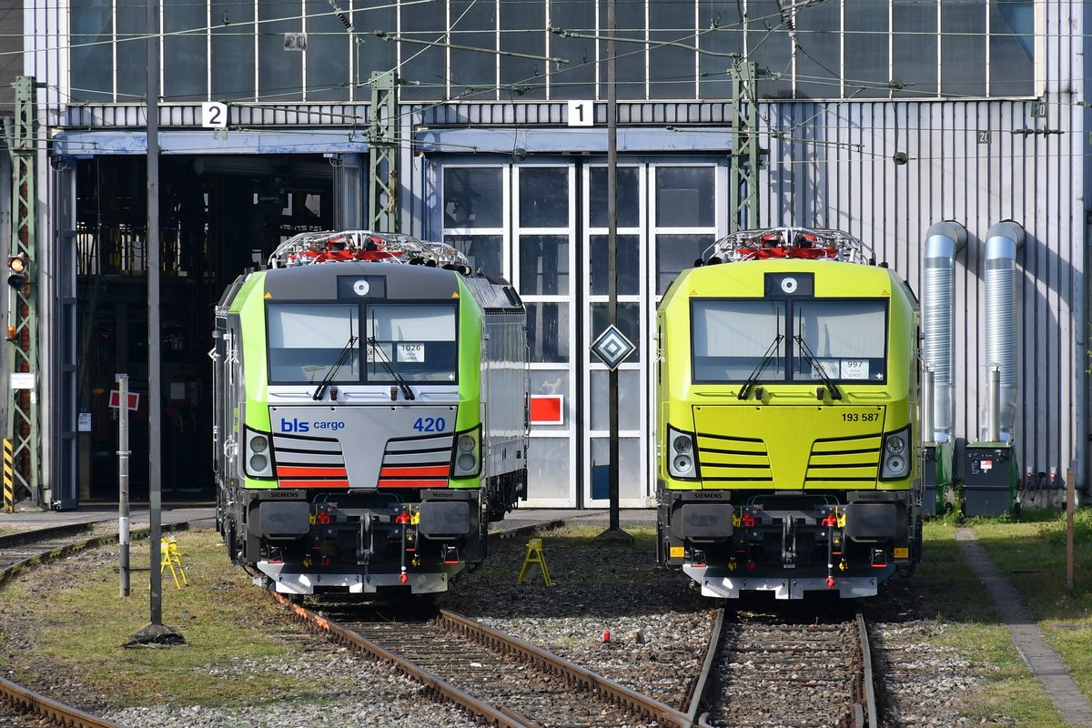 Die noch nicht ausgelieferte BLS Cargo 475 420 sowie die hinter ihr nur knapp sichtbare 475 421 sonnen sich am 02.10.2020 neben der 193 587 in Regensburg auf dem Gelände der Siemens.