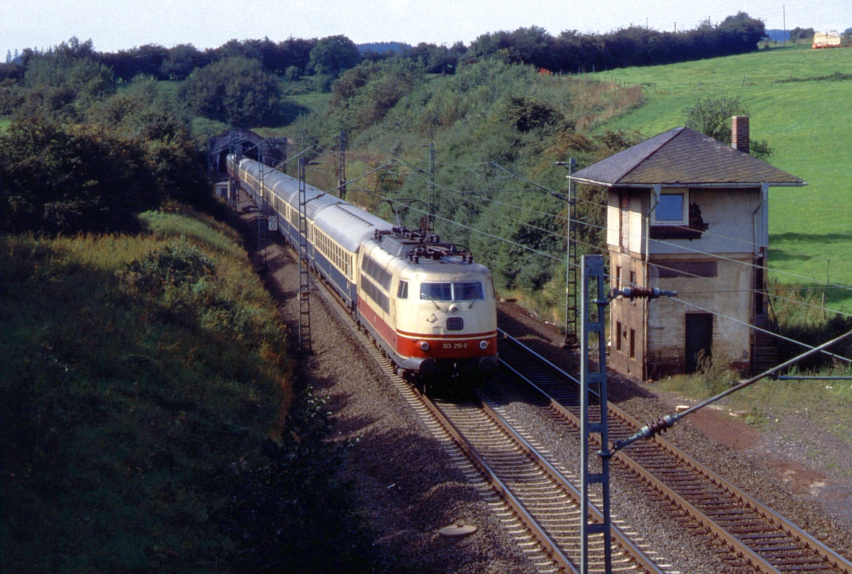 Die nördliche Ausfahrt des Schlüchterner Tunnels im Sommer 1990. 103 215 passiert das Gebäude der ehemaligen Blockstelle Katzenberg.