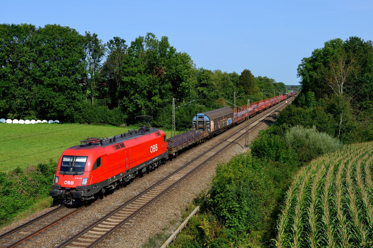 Die ÖBB 1016.010 bespannte am 08. September 2017 einen gemischten Güterzug in Richtung Österreich und konnte bei Gutmart aufgenommen werden.