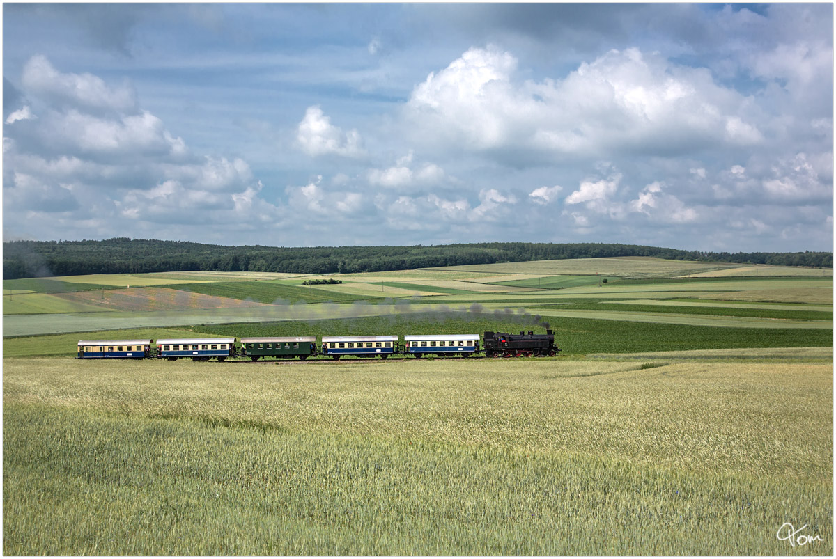 Die ÖGEG Dampflok 77.28 fährt mit dem NÖVOG Zug P16980 von Retz nach Drosendorf. 
Hofern 3.6.2018