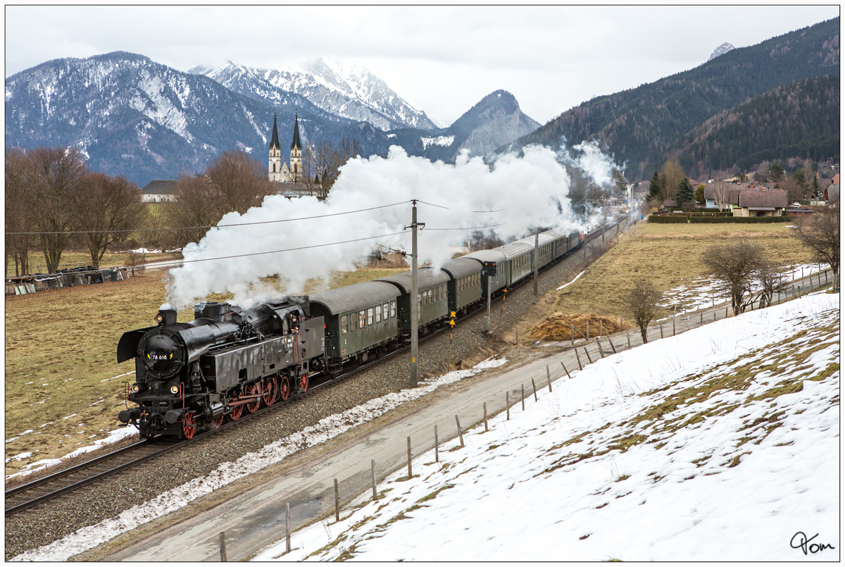 Die ÖGEG Dampflok 78.618 fährt als SR 14487 von Admont nach Timelkam.
Admont 17.03.2018