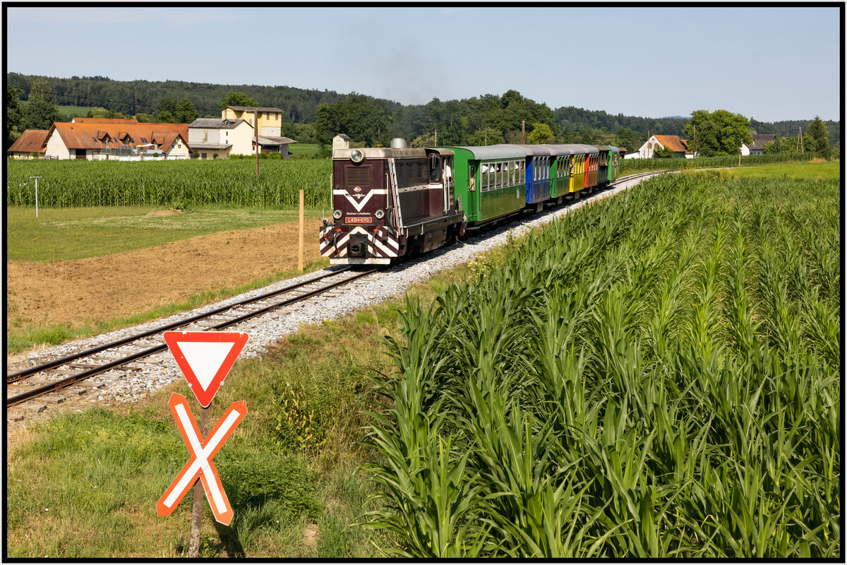 Die Ölmühle in Herbersdorf gehört zum Bild des Stainztales so wie der Flascherlzug. 
An diesem sonnigen 10.Juli 2021 tuckert L45H070 kurz nach der zugehörigen Halte und Ladestelle in richtung Stainz
