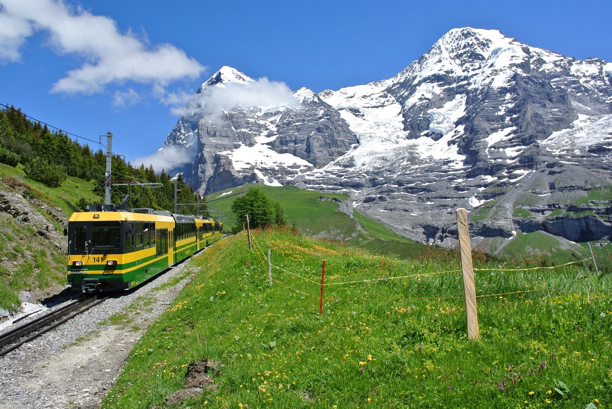 Die Panos 141+149 auf Talfahrt zwischen kleine Scheidegg und Wengernalp, 04.07.2016.

