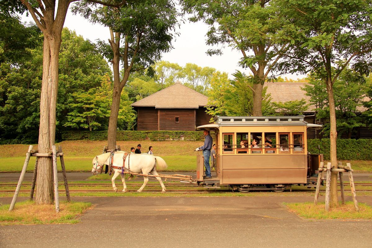 Die Pferdebahn des Freilichtmuseums von Hokkaidô bei Sapporo. 31.Juli 2016 