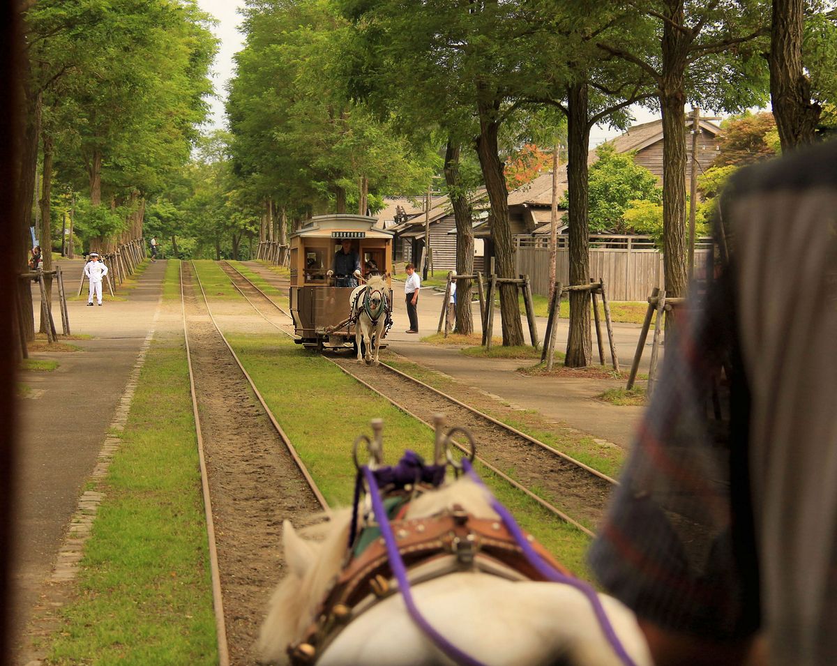 Die Pferdebahn des Freilichtmuseums von Hokkaidô bei Sapporo. In voller Fahrt geht es durch die (fiktive) Hauptstrasse des alten Sapporo. 31.Juli 2016 