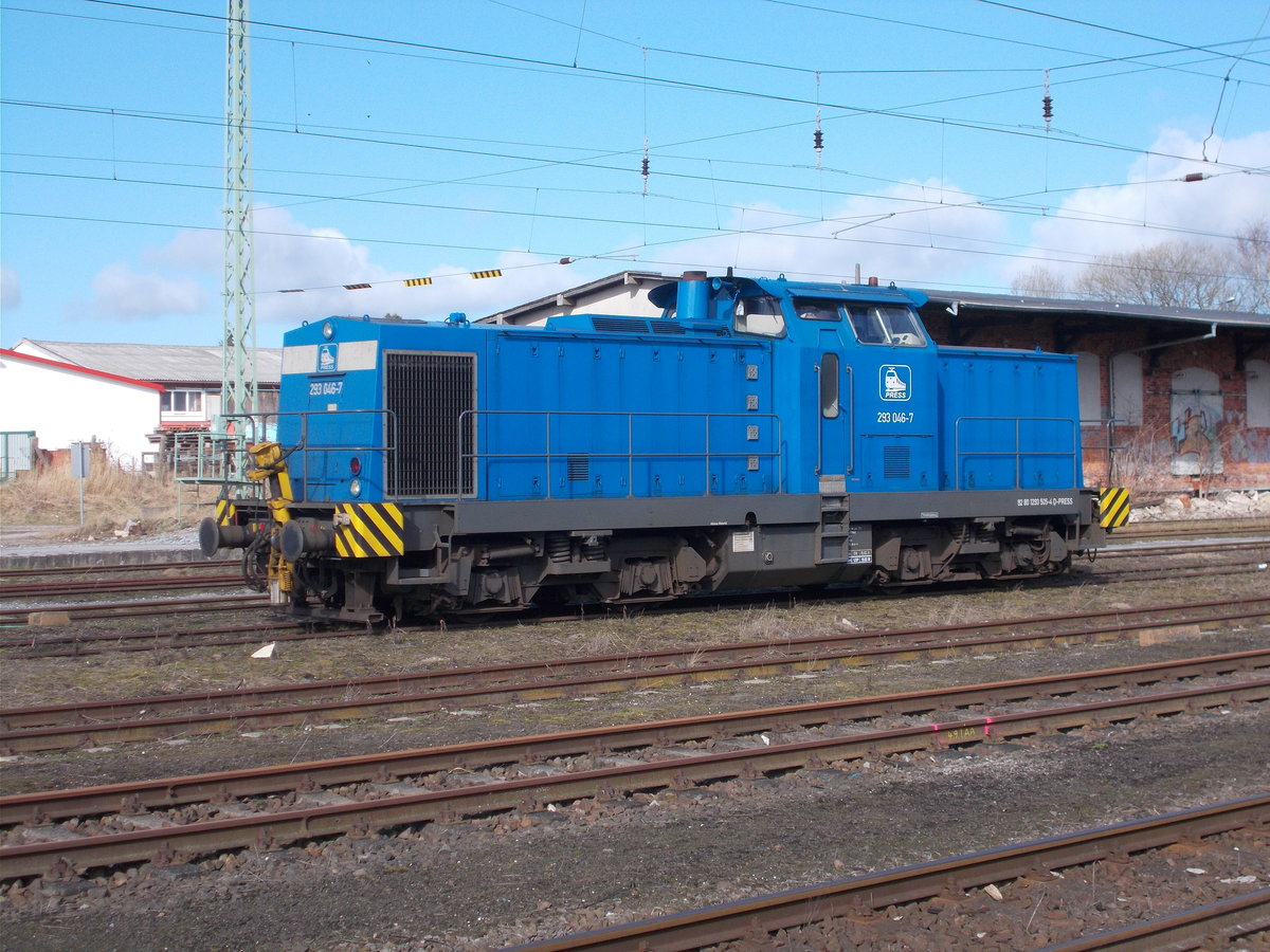 Die PRESS 293 046,am 10.März 2017,auf den Gütergleisen in Bergen/Rügen.
