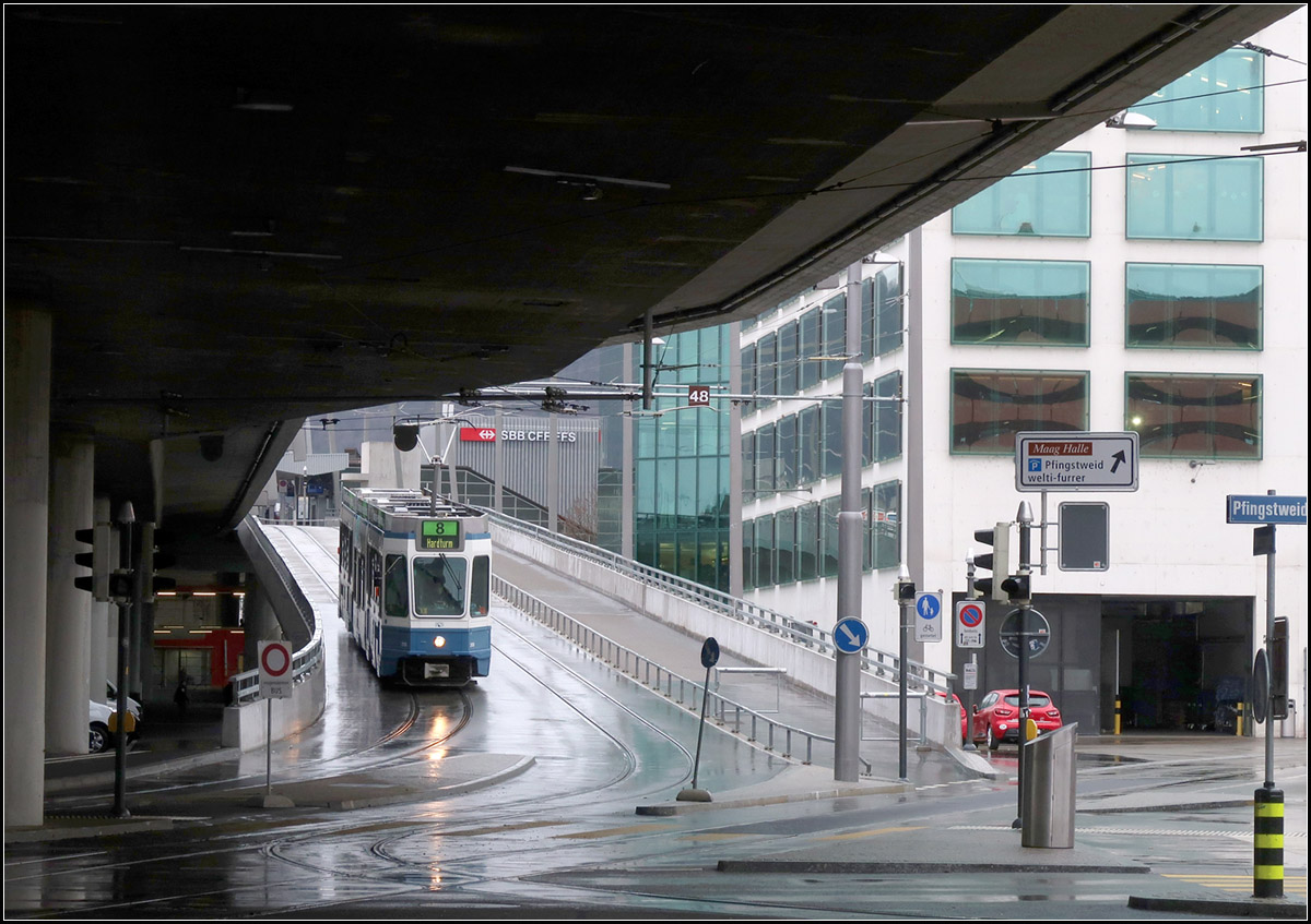 Die Rampe runter -

... kommt hier ein Tram 2000 der Linie 8 und wird gleich in die unter der Hardbrücke liegende Haltestelle Schiffsbau erreichen.

14.03.2019 (M)