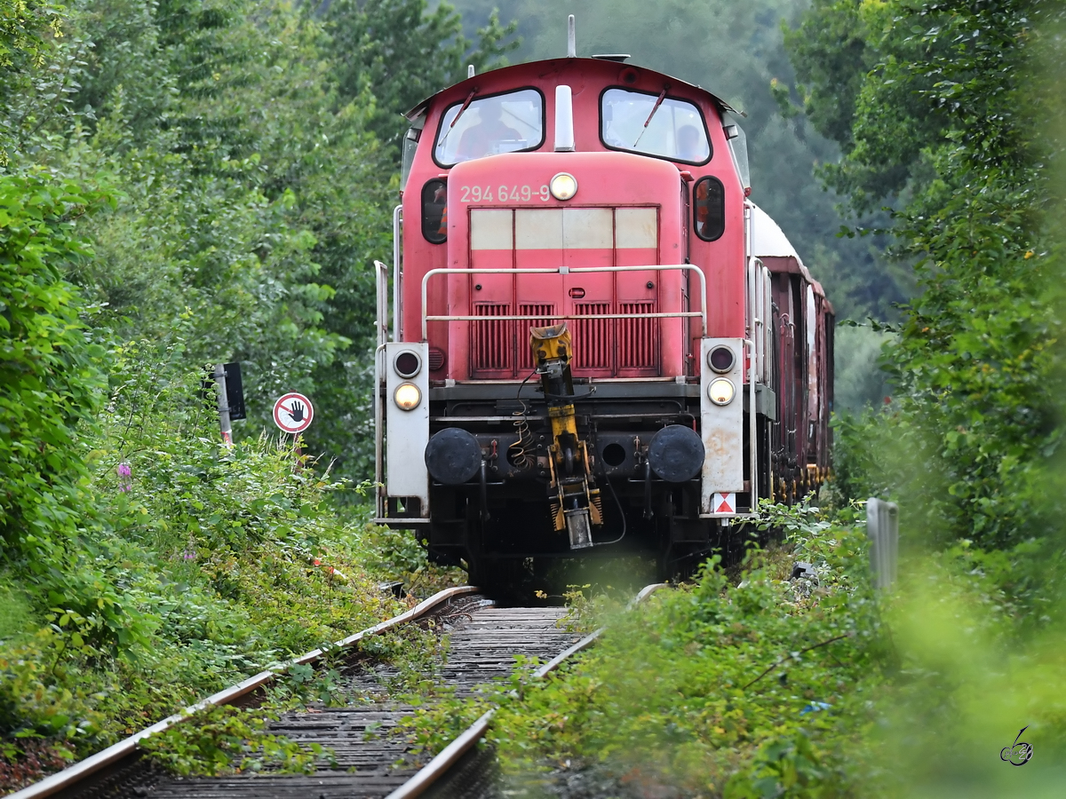 Die Rangierlokomotive 294 649-9 war Ende Juni 2020 mit einem kleinen Güterzug im Hattinger  Grün  auf der Ruhrtahlbahn zu sehen.