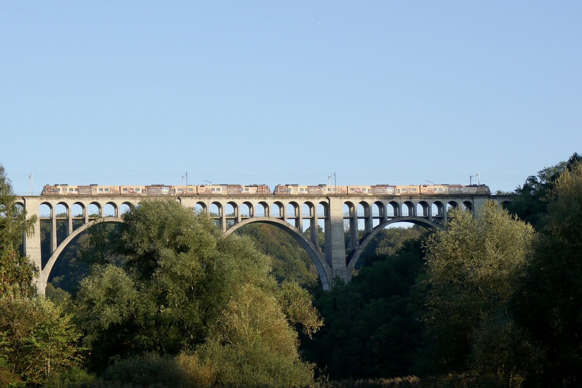 Die RBDe 560 235 und 245 der TPF mit  ChocolatExpress  Vollwerbung am 26.9.23 unterwegs als RE2 nach Broc-Fabrique, auf dem Grandfey-Viadukt.