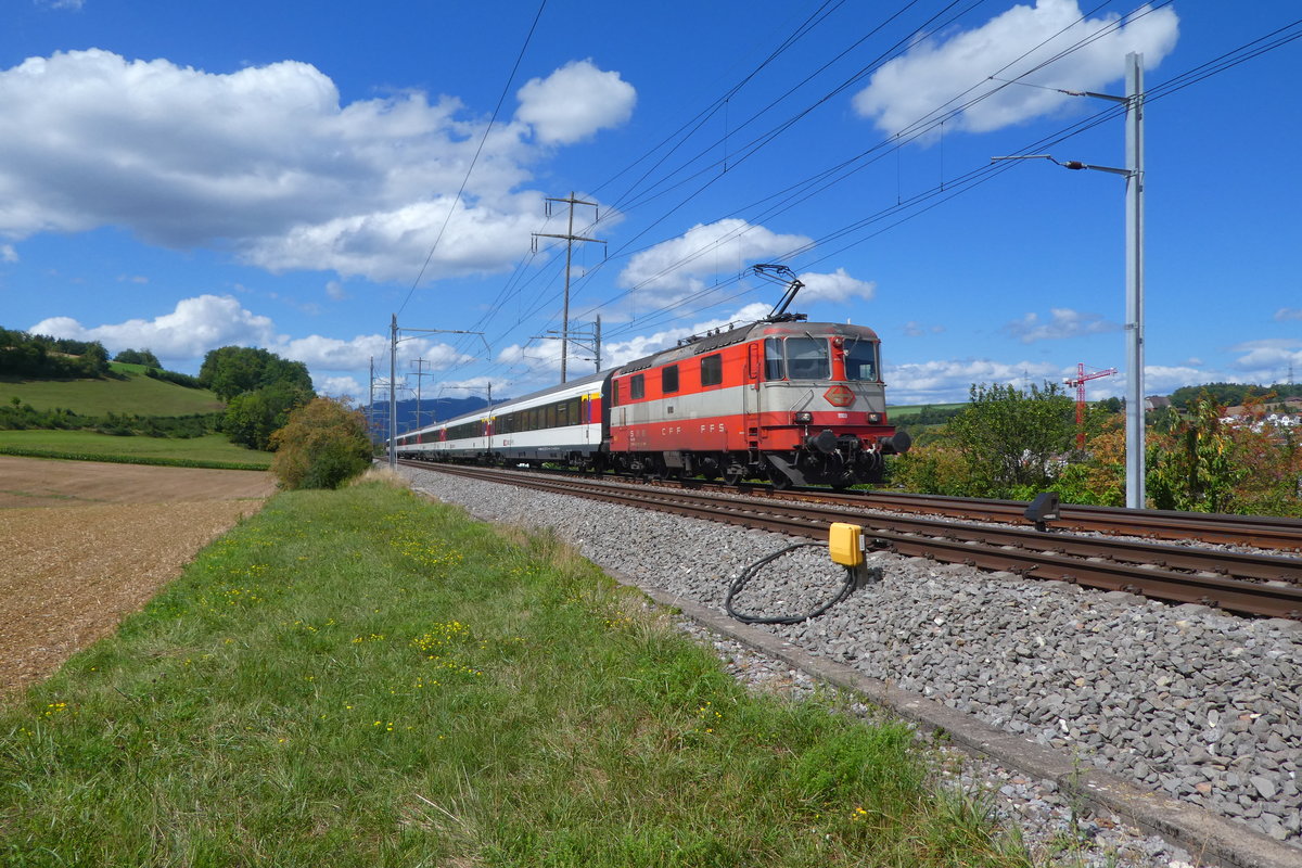 Die Re 420 109 im Swissexpressanstrich fährt am 23. August 2020 in den Bahnhof Frick ein. 