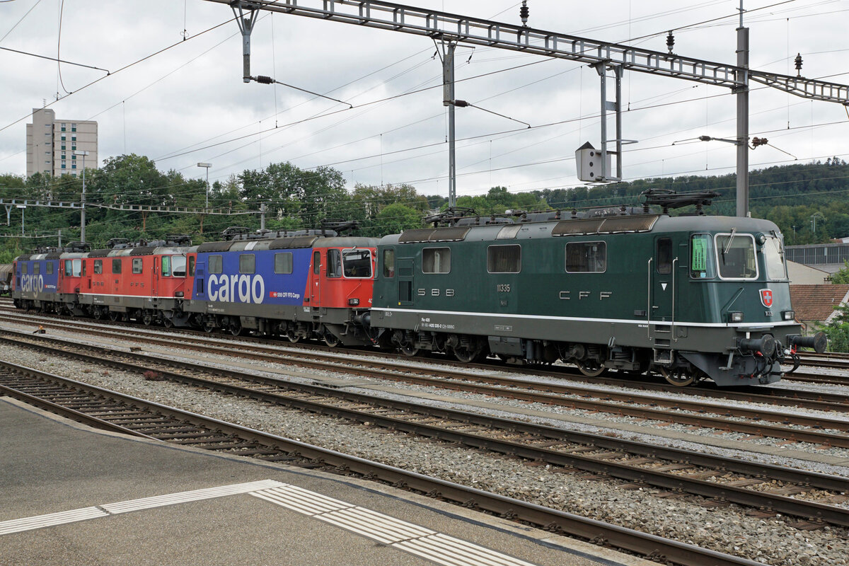 Die Re 420 335-2 mit dem grünen Anstrich wie in alten Zeiten.
Nur wenige Tage nach der Inbetriebnahme wurde die Re 4/4 ll 11335 in der Westschweiz versprayt.
Nach einer gründlichen Reinigung in Bellinzona verbrachte sie zum grossen Glück des Bahnfotografen am 29. August 2021 in Olten-Hammer fotogen positioniert ihre Sonntagspause.
Es werden gleich drei verschiedene Aufnahmen von dieser Rosine eingestellt, da man sie nicht jeden Tag vor die Linse kriegt. Heute Montag steht sie im Wallis mit dem  Migros-Pendel  im Einsatz.
Foto: Walter Ruetsch 