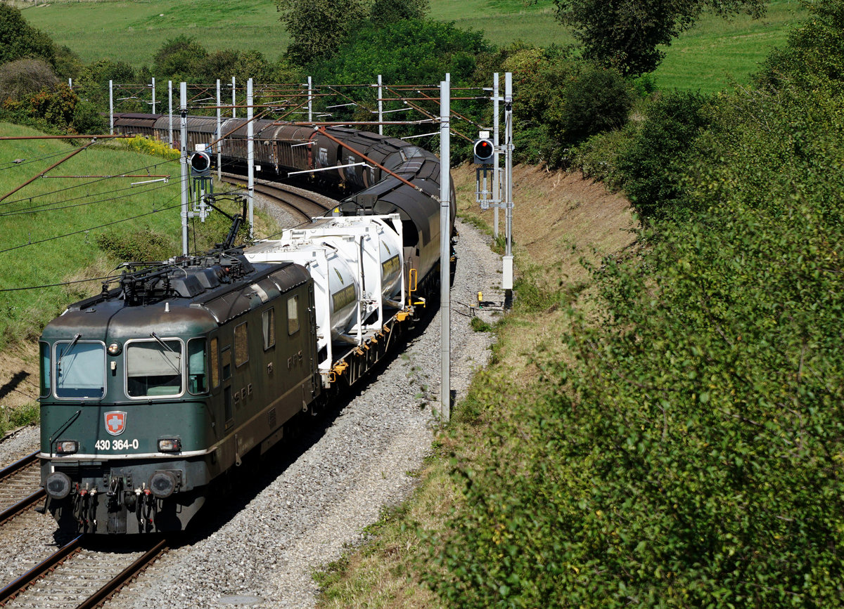 Die Re 430 364-0 mit einem gemischten Güterzug bei Niederbipp in Richtung Westen unterwegs am 26. August 2019.
Foto: Walter Ruetsch
