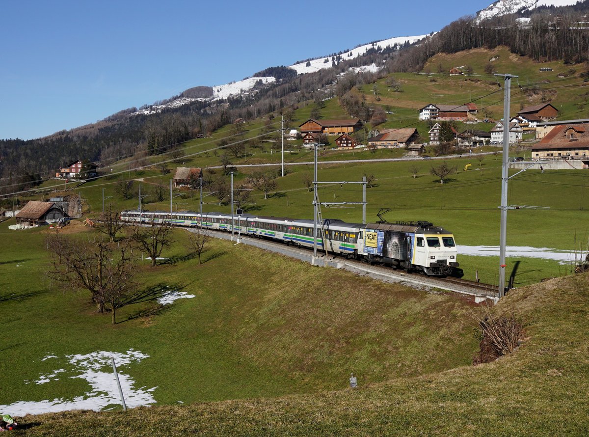 Die Re 446 015 mit einem Voralpenexpress am 16.02.2019 unterwegs bei Steinerberg.