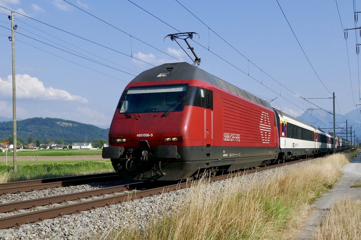 Die Re 460 056 am Zusatzmodul eines IC8 nach Romanshorn, am 1.7.18 bei Kiesen.