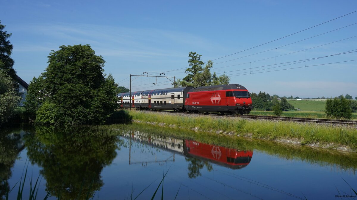 Die Re 460 073  Monte Ceneri  fährt als 70809 von Zürich nach Romanshorn, hier am bekannten Teich bei Riedt bei Erlen.
