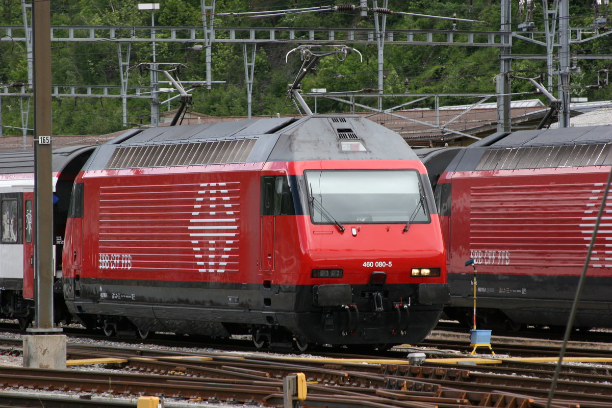 Die Re 460 080  Tre Valli  steht in Brig mit ihrem Zug abgestellt.

Brig, 03.05.2020