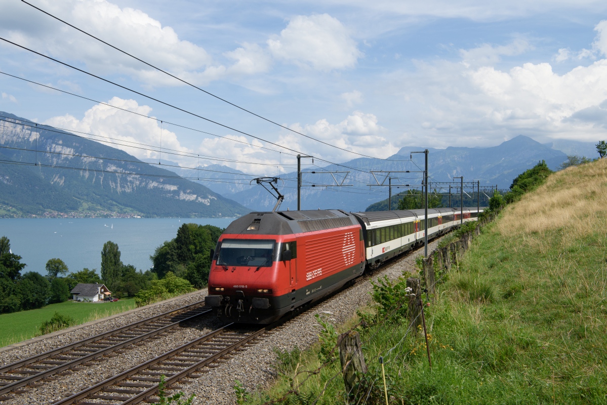 Die Re 460, welche durch den Lötschberg-Basistunnel fahren, müssen seit einiger Zeit den in Fahrtrichtung vorderen Pantographen gehoben haben. Auf dem Bild zu sehen ist die Re 460 018-5 mit einem IC Brig-Basel SBB.