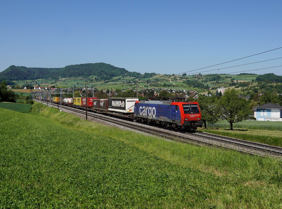Die Re 474 002 mit einem KLV-Zug am 27.05.2017 unterwegs bei Frick.