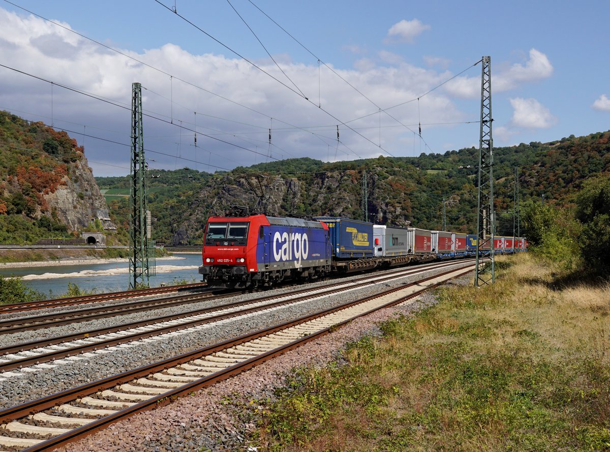 Die Re 482 025 mit einem KLV-Zug am 01.09.2018 bei der Durchfahrt durch den Betriebsbahnhof Loreley.