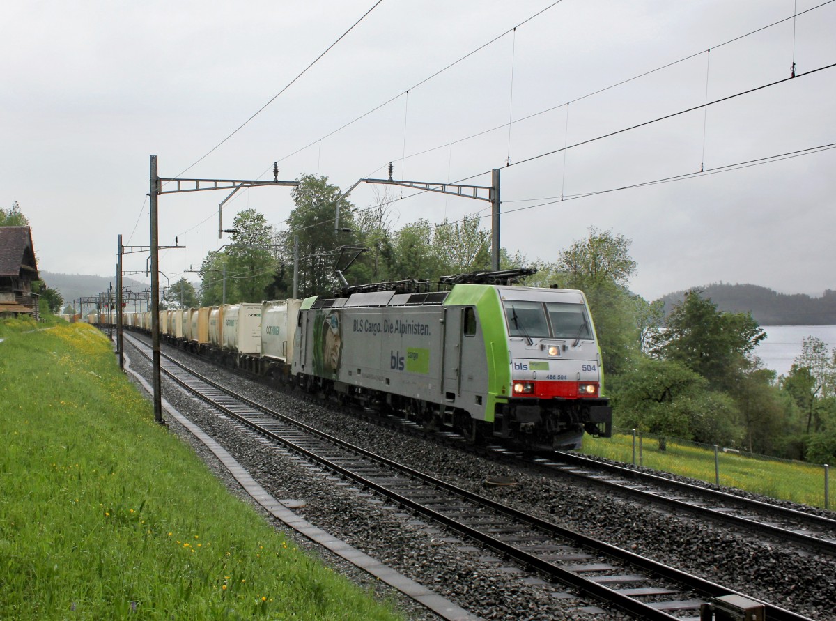 Die Re 486 504 mit einem Containerzug am 12.05.2013 unterwegs bei Immensee.