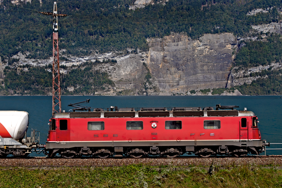 Die Re 6/6 11650  Schönenwerd  bei der Arbeit an einem Güterzug bei Mühlehorn am Walensee.Bild vom 23.9.2014