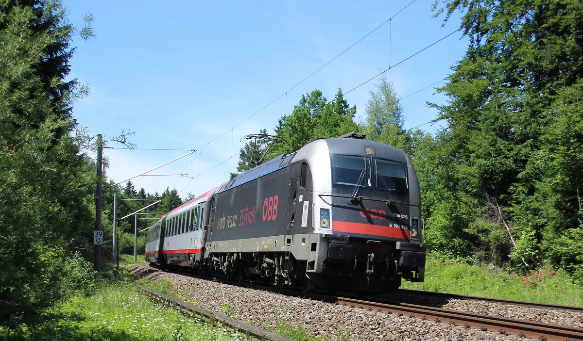 Die Rekord-Lok 1216-025 irgendwo im Wald zwischen Grafing und Assling am 27.06.2021 (Km39.0)